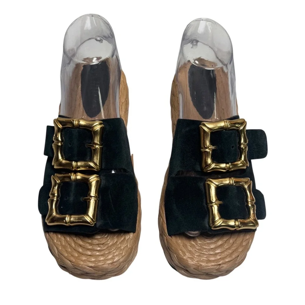 Schutz Enola Rope Platform Sandal Black Suede Gold Bamboo Buckle Womens 7.5B